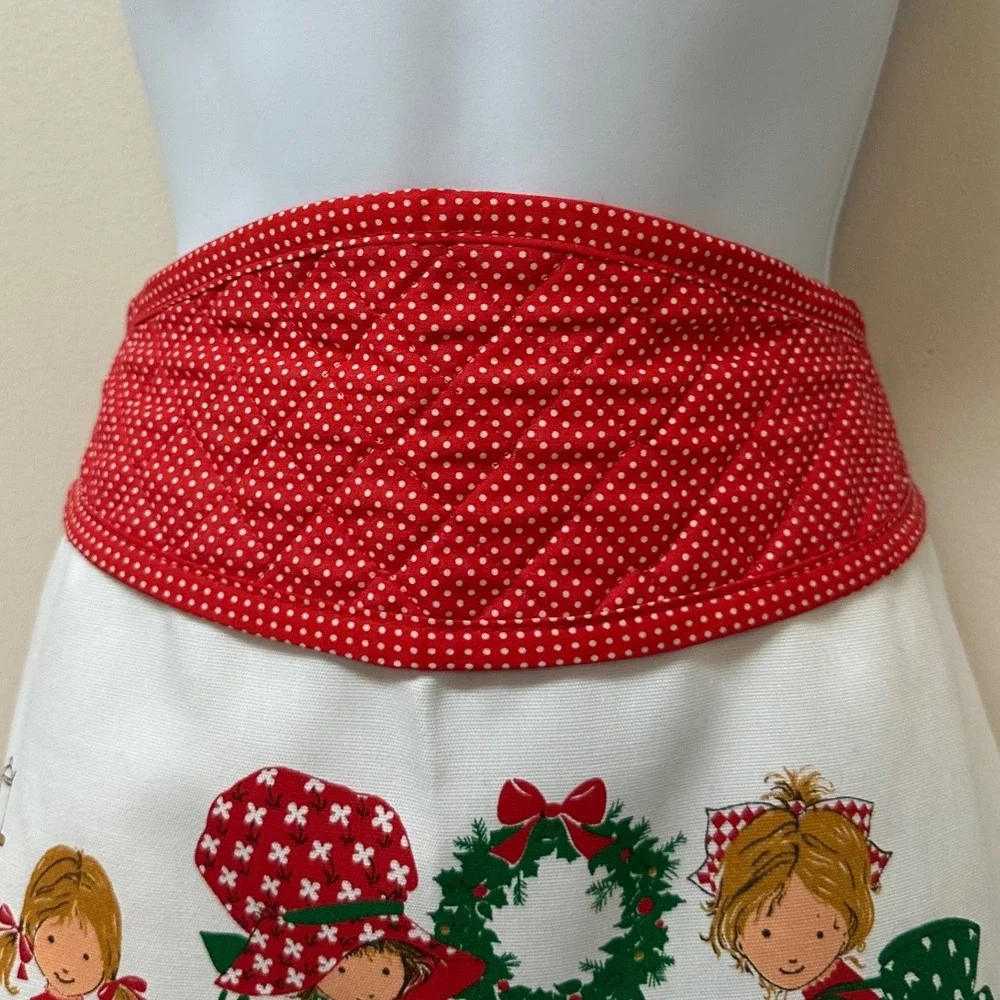 Vintage Holly Hobbie Christmas Half Apron Red Polka Dot Holiday Wishes USA Made